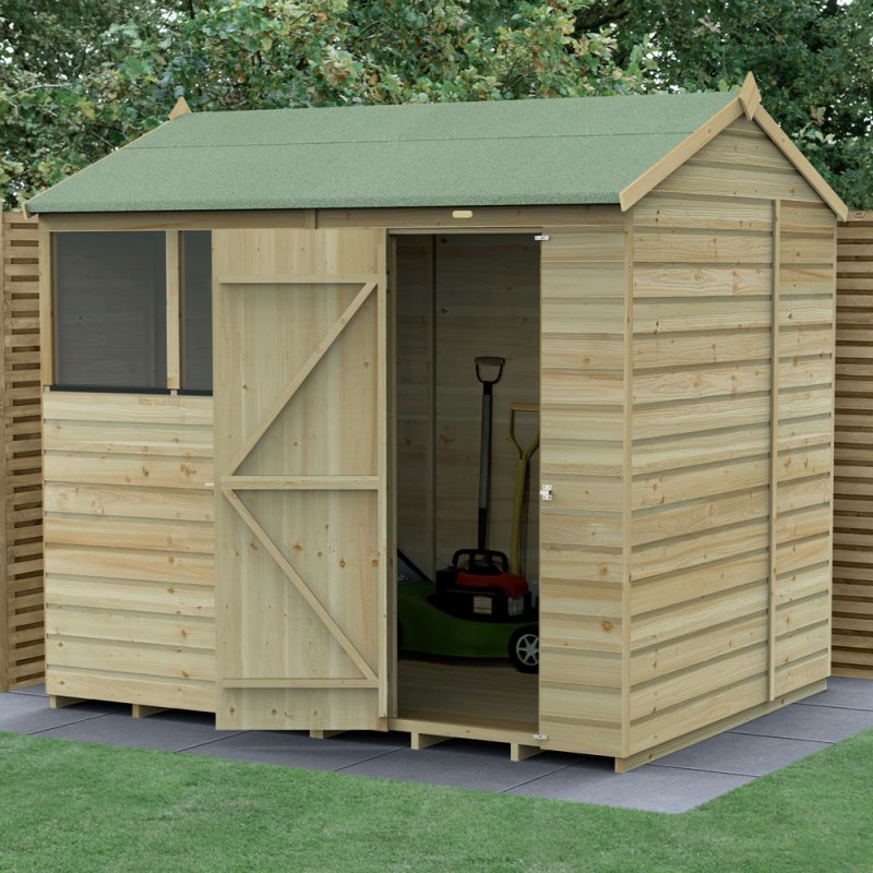 8x6 Forest Beckwood Shiplap Reverse Apex Wooden Shed - in situ, angle view, doors open