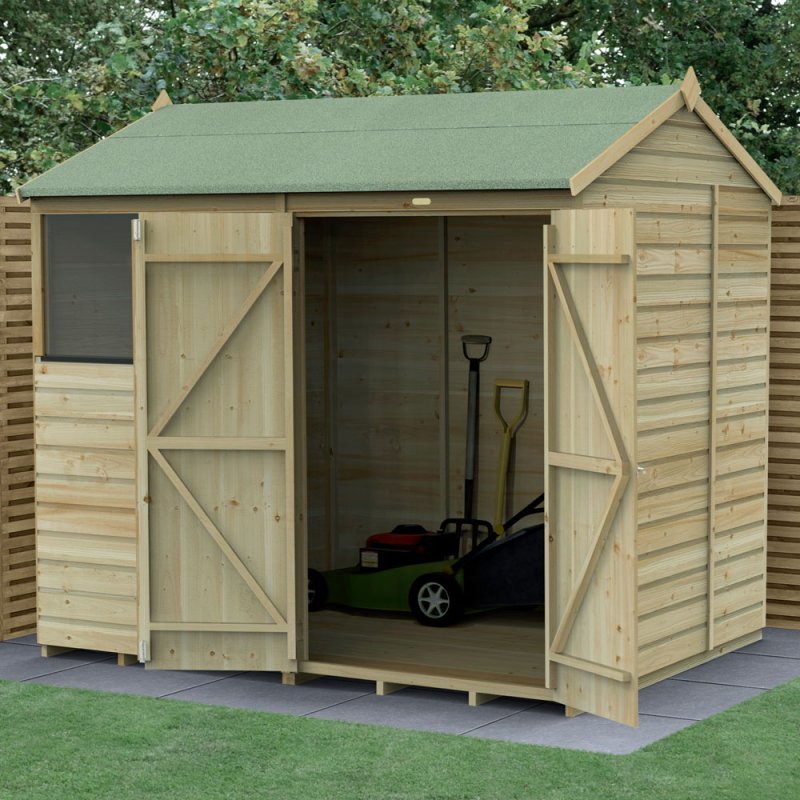 8x6 Forest Beckwood Shiplap Reverse Apex Wooden Shed with Double doors - in situ, angle view, doors open