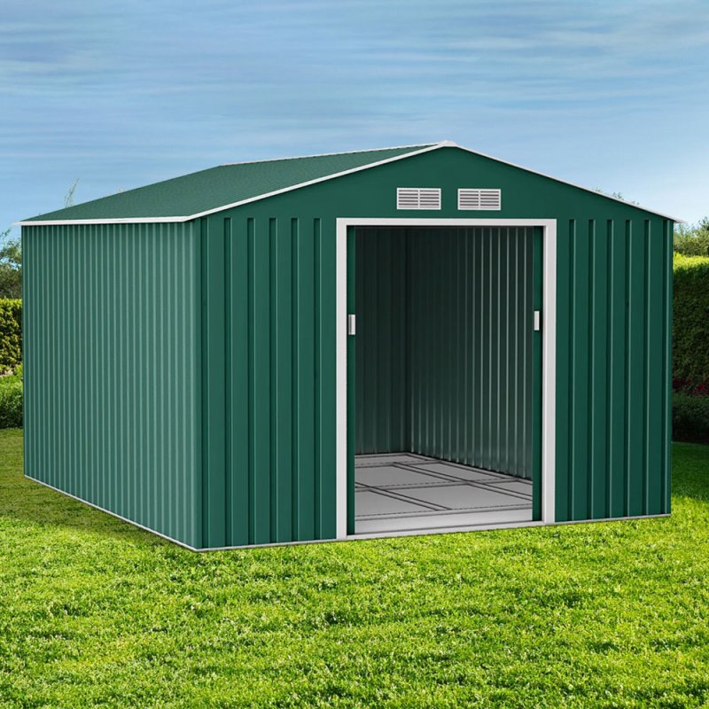 9x10 Lotus Orion Apex Metal Shed Win Foundation Kit In Green - in situ, angle view, doors open