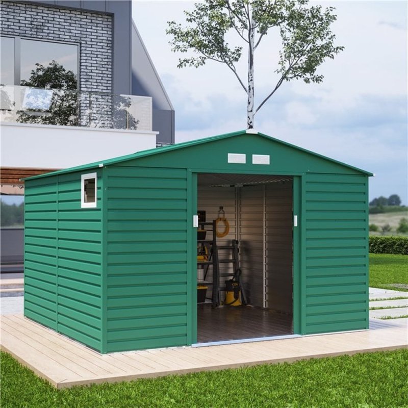 11'x10'5" Lotus Hypnos Apex Metal Shed in Green - in situ, angle view, doors open