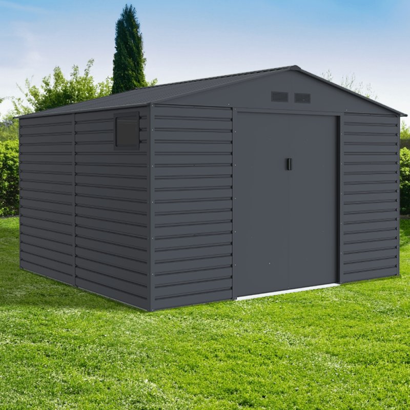 11'x10'5" Lotus Hypnos Apex Metal Shed in Cold Grey - in situ, angle view, doors closed