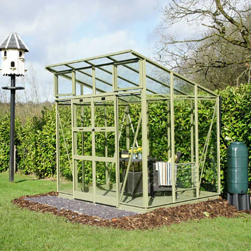 8 x 8 Elite The Edge 800 Pent Greenhouse - insitu powder coated olive