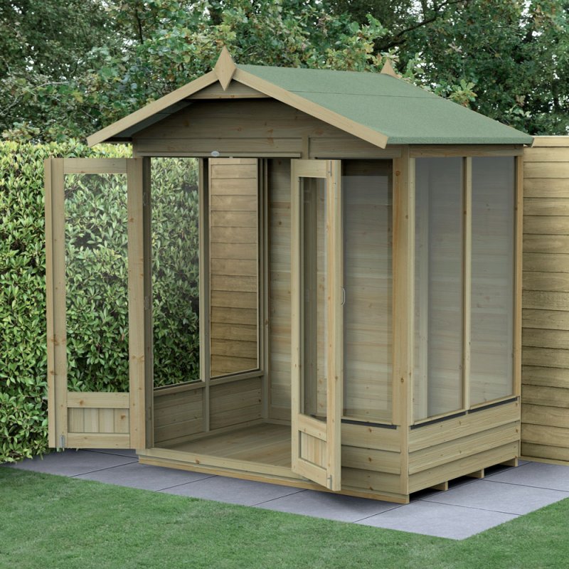 6x4 Forest 4LIfe Summerhouse Pressure Treated - insitu with doors open