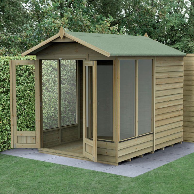 6x8 Forest 4LIfe Summerhouse Pressure Treated - insitu with doors open