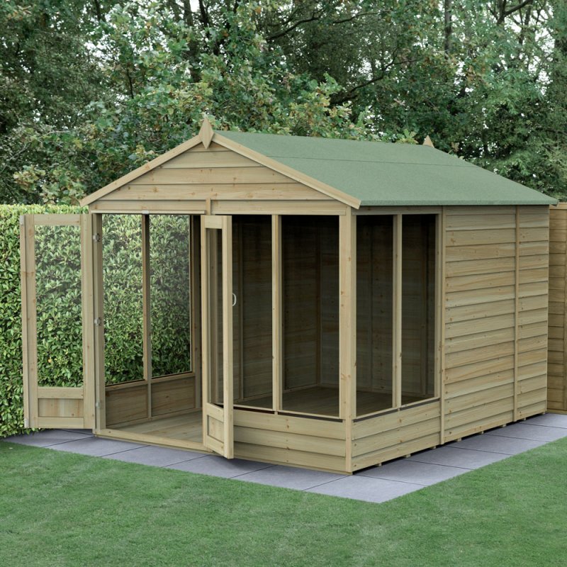 10x8 Forest 4LIfe Summerhouse Pressure Treated - insitu with doors open
