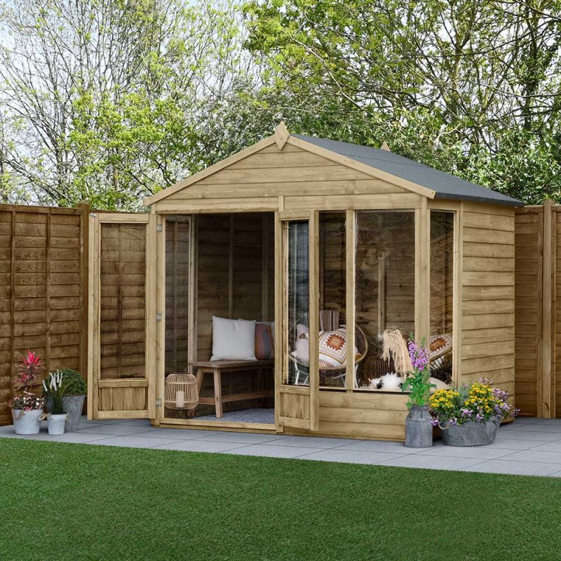 8x6 Forest 4LIfe Summerhouse Pressure Treated - insitu with doors open