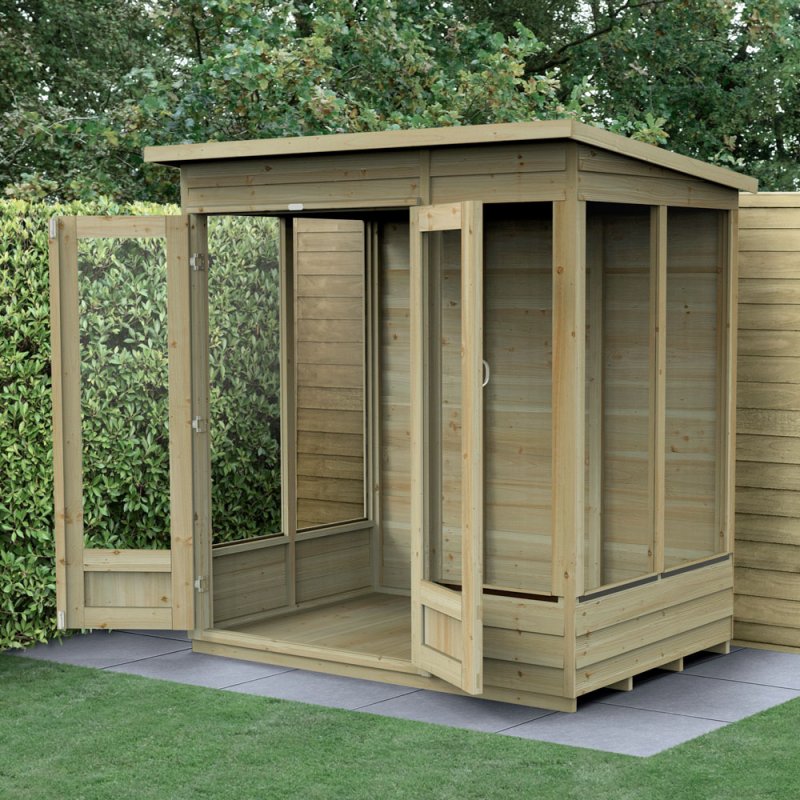 6x4 Forest 4LIfe Summerhouse Pressure Treated - insitu with doors open