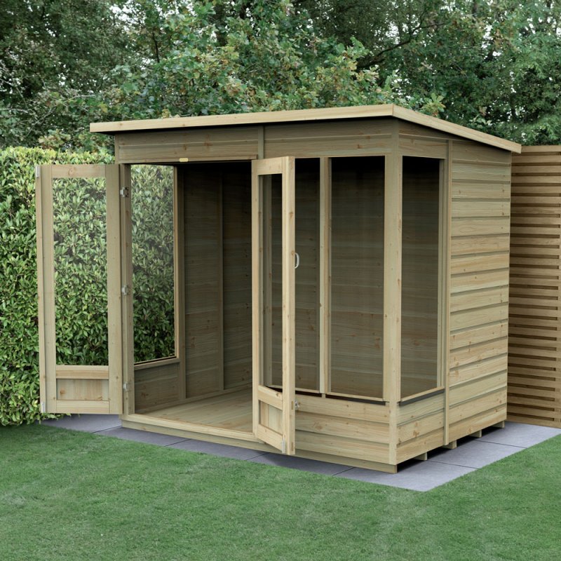 7x5 Forest Beckwood Pent Summerhouse with Double Doors - 25yr Guarantee - in situ, angle view, doors open