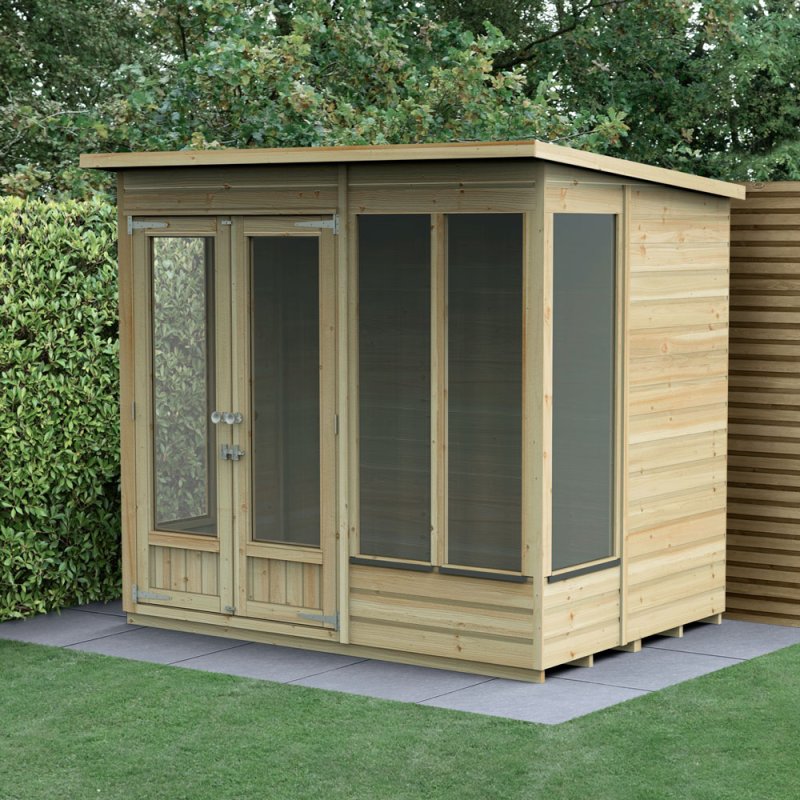 7x5 Forest Beckwood Pent Summerhouse with Double Doors - 25yr Guarantee - in situ, angle view, doors open