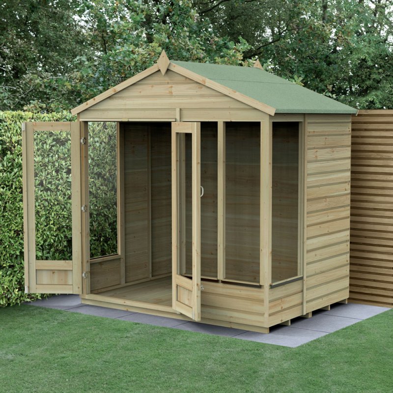 7ft x 5ft Forest Beckwood Summerhouse Pressure Treated - insitu with doors open