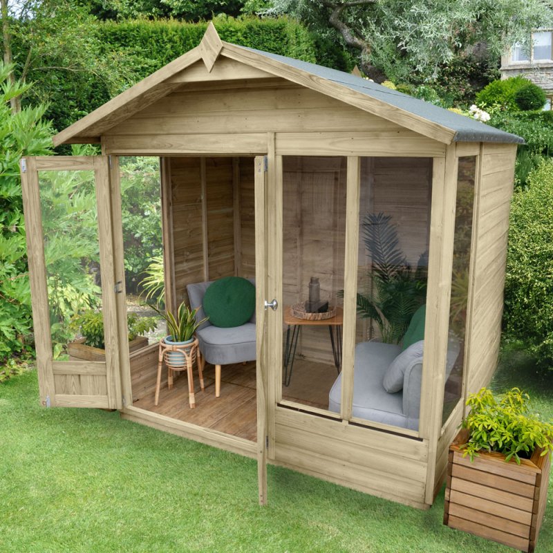 7ft x 5ft Forest Beckwood Summerhouse Pressure Treated - insitu with doors open