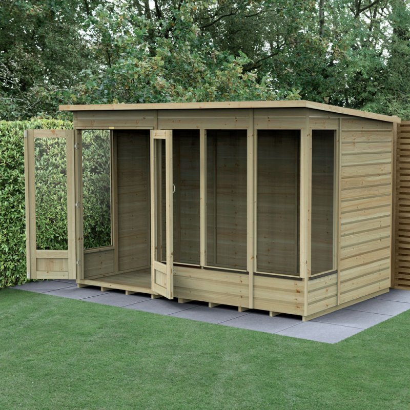 10x6 Forest Beckwood Pent Summerhouse with Double Doors - 25yr Guarantee - in situ, angle view