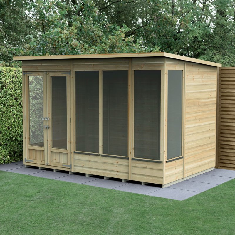 10x6 Forest Beckwood Pent Summerhouse with Double Doors - 25yr Guarantee - in situ, angle view