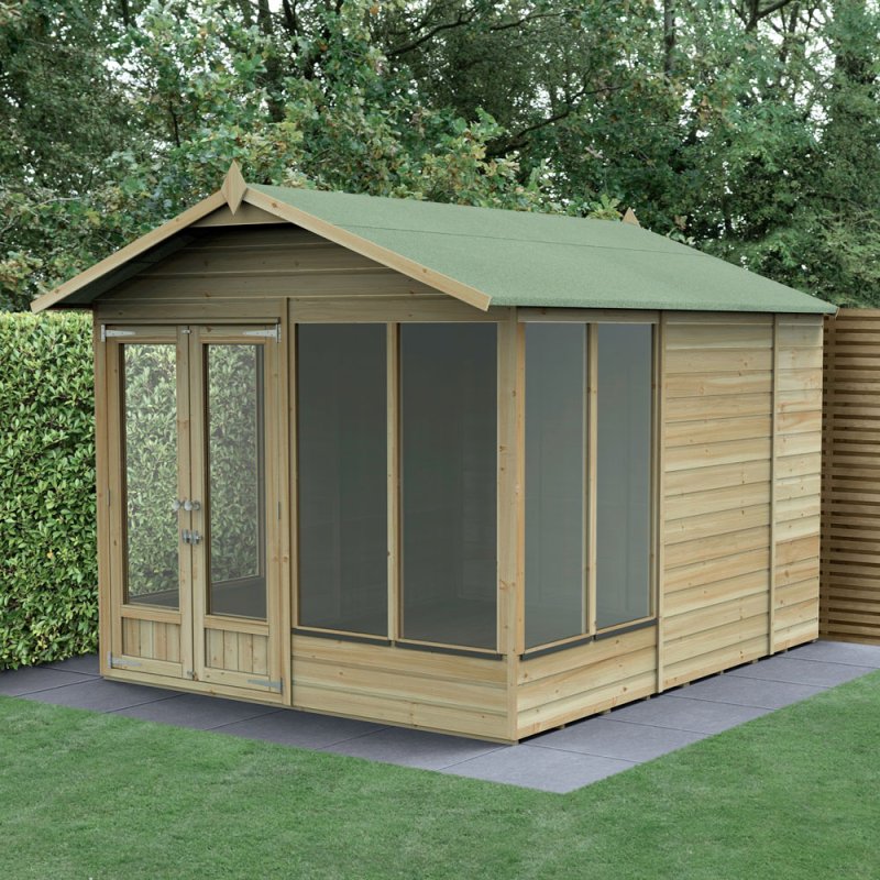 10ft x 8ft Forest Beckwood Summerhouse Pressure Treated - insitu with doors open