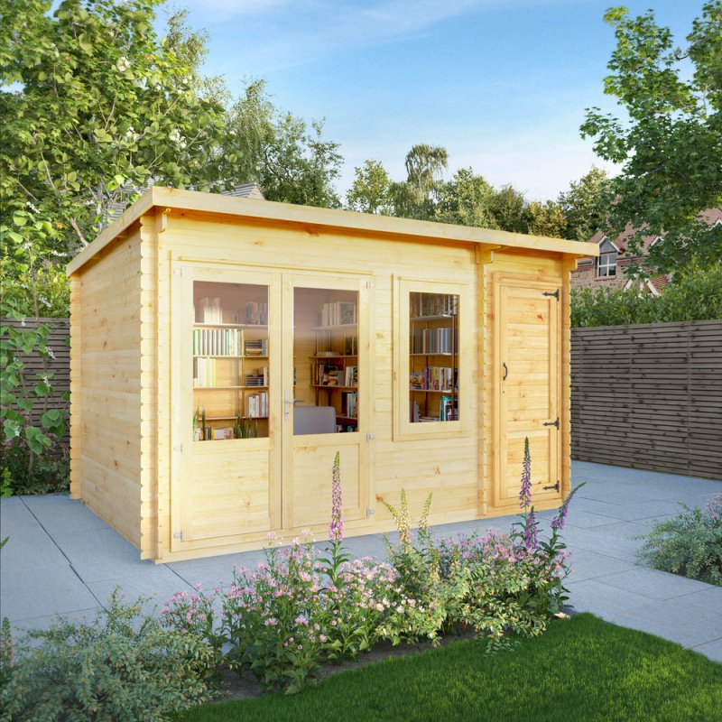4.1m X 3m Mercia Elite Pent Log Cabin With Side Shed - 28mm Logs - in situ, angle view
