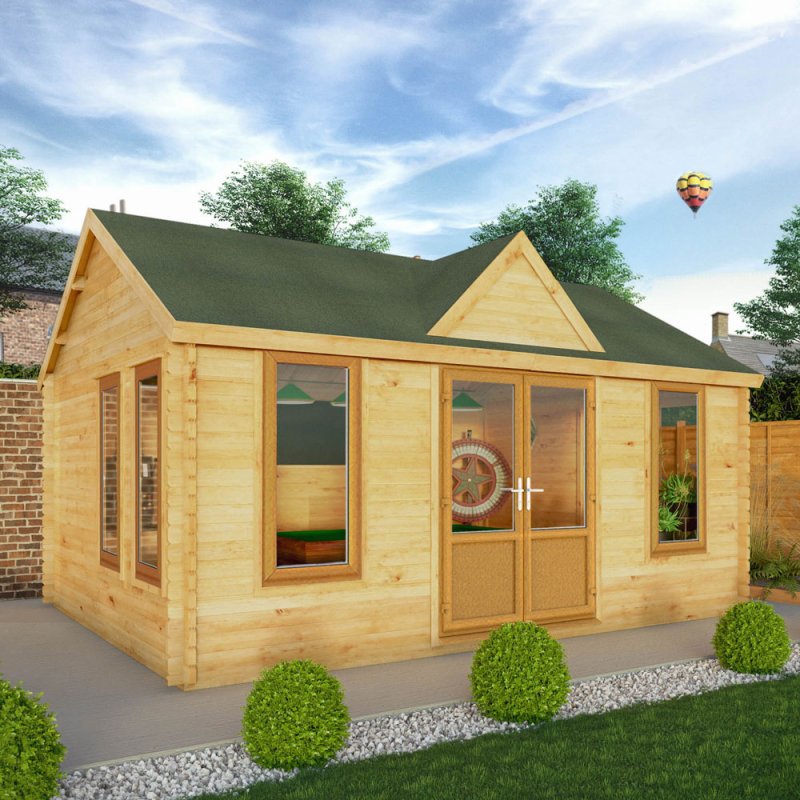 5.3mx4m Mercia Clock Tower Log Cabin - 44mm Logs - 44mm Logs - Upvc Windows and Door - Oak