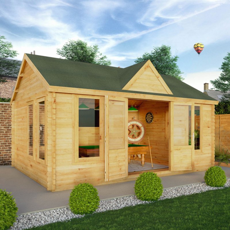 5.3m x 4m Mercia Clock Tower Log Cabin - In Situ,  Wooden Doors Open