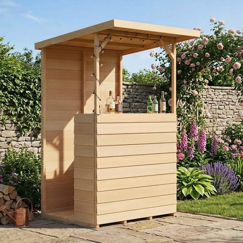 Angled front view of the wooden Shire Tiki Garden Bar set on a paved patio in a lush garden setting.