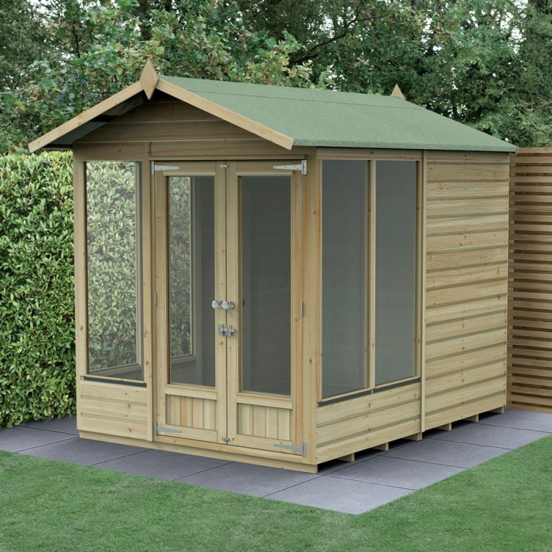 8x6 Forest Beckwood Apex Summerhouse with Double Doors - 25yr Guarantee - in situ, angle view, doors open