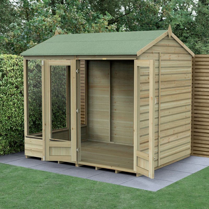 8x6 Forest Beckwood Reverse Apex Summerhouse with Double Doors - 25yr Guarantee - in situ, angle view