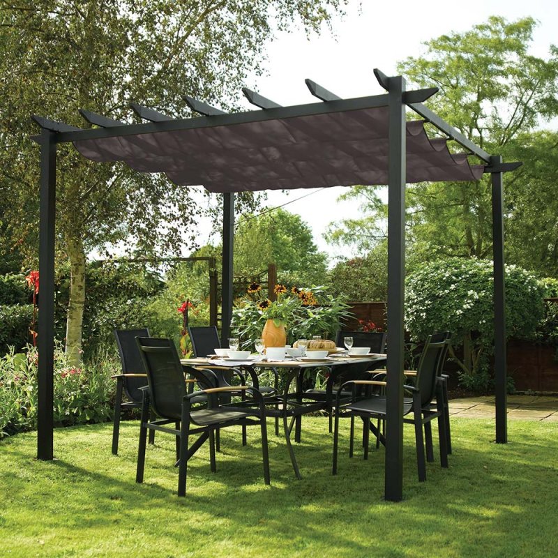 Rowlinson Latina Metal Pergola in Grey 3mx3m - insitu used as a dining area