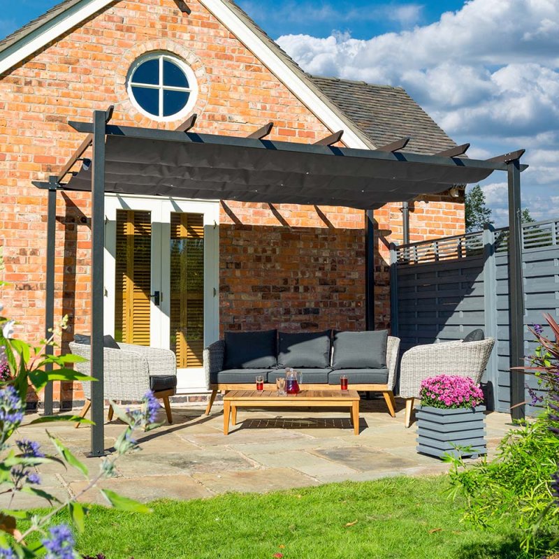 Rowlinson Venetian Metal Pergola in Grey 4mx3m - insitu with canopy closed