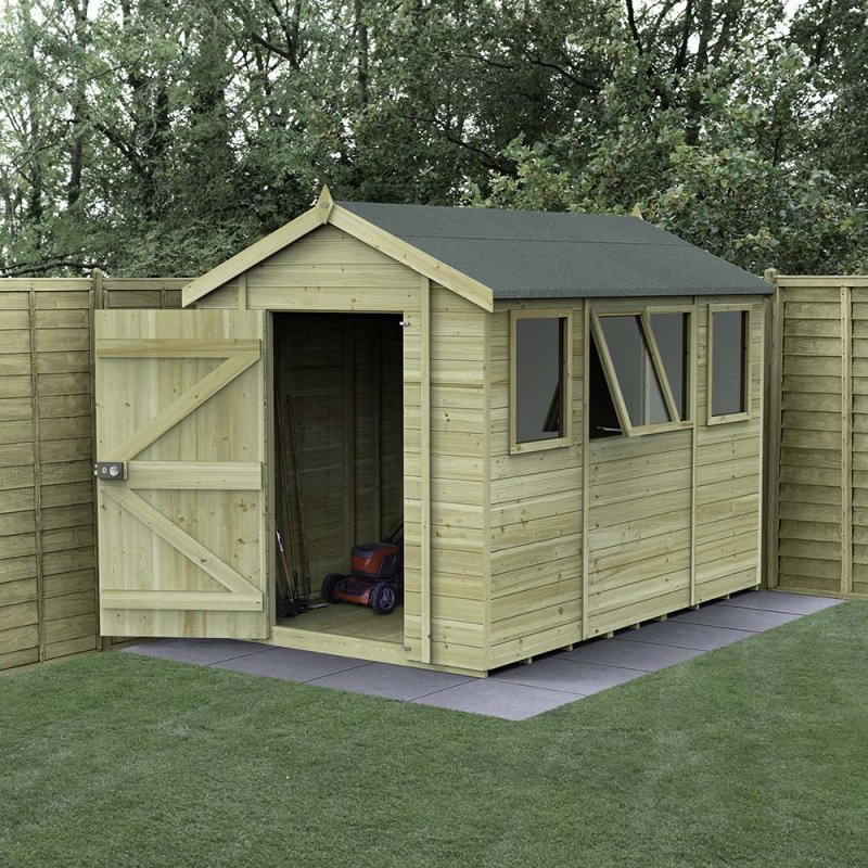 10x6 Forest Timberdale Tongue and Groove Apex Shed - in situ, angle view, doors open