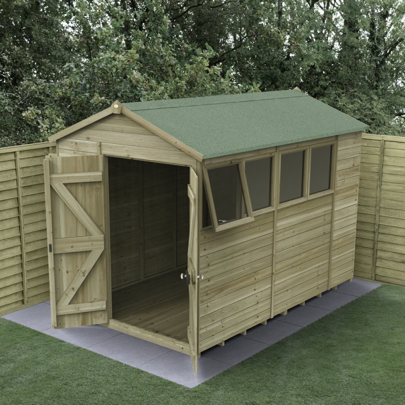 Timberdale 10x6 apex shed front angle showing windows and roof