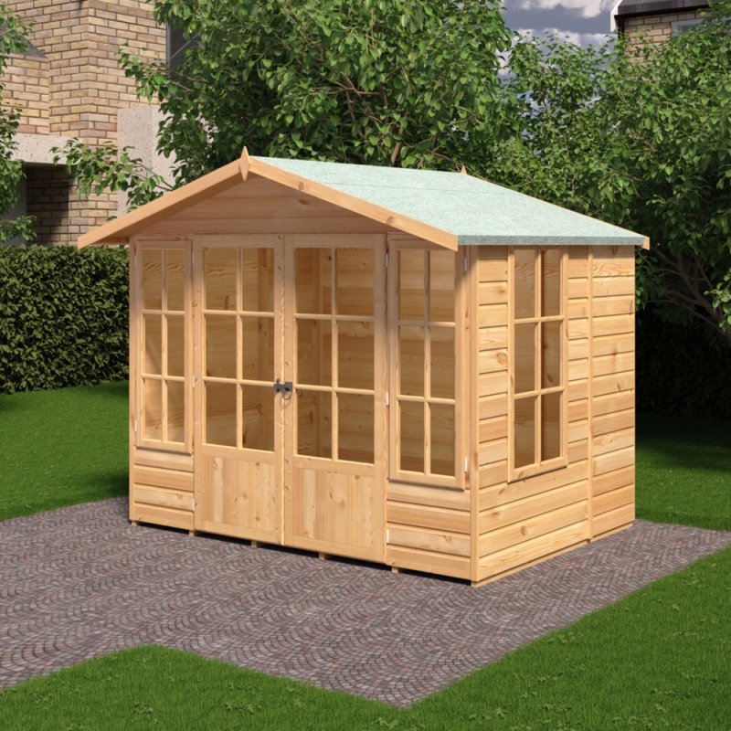 8 x 6 Shire Delmora Summerhouse - in situ, angle view