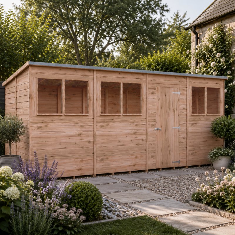 16x6 Shire Value Overlap Pent Shed - in situ, angle view, doors closed