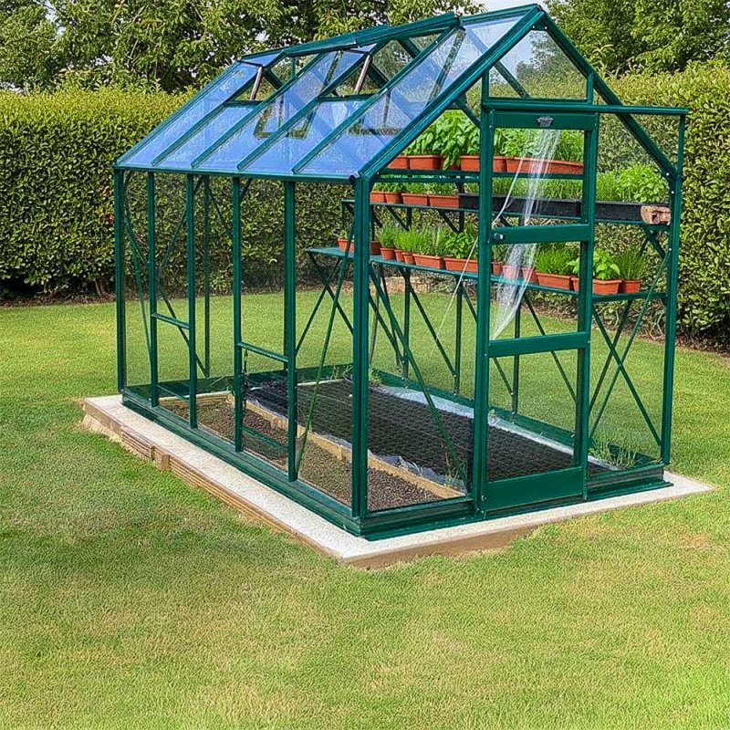 Elite High Eave 6x10 Greenhouse in Green powder coating with optional extras