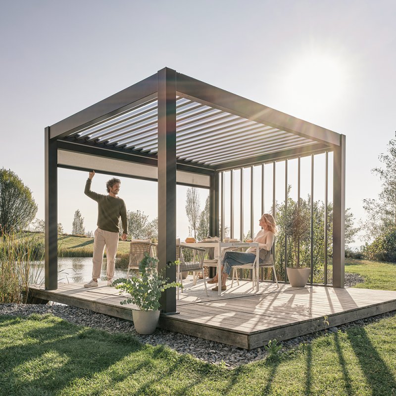 4mx3.5m Biohort Metal Pergola - Metallic Dark Grey with Metallic Dark Grey Roof Louvres