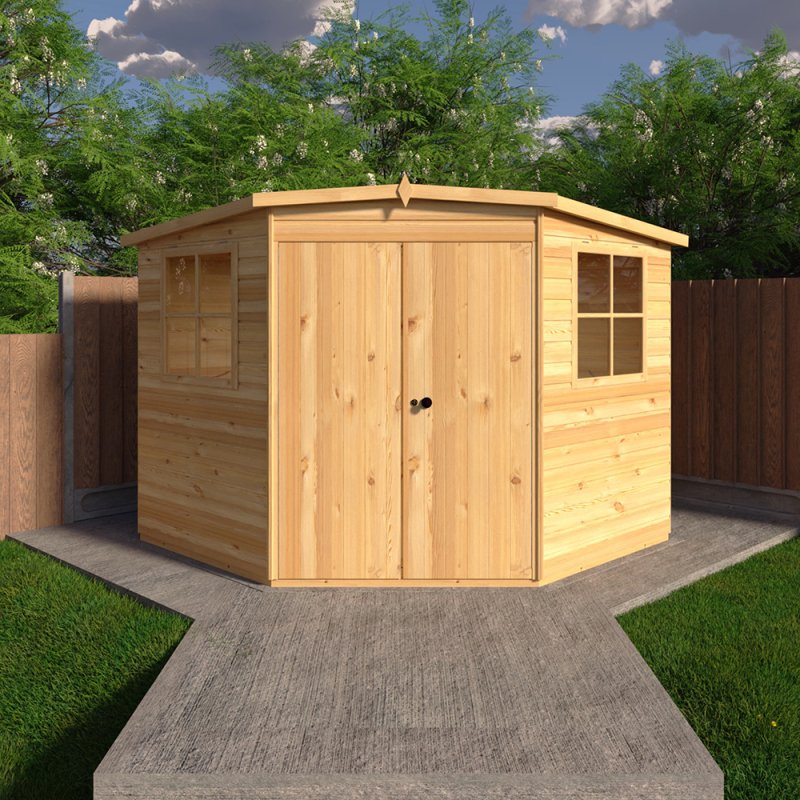 8 x 8 Shire Murrow Tongue And Groove Premium Corner Shed - in situ, front view, doors closed
