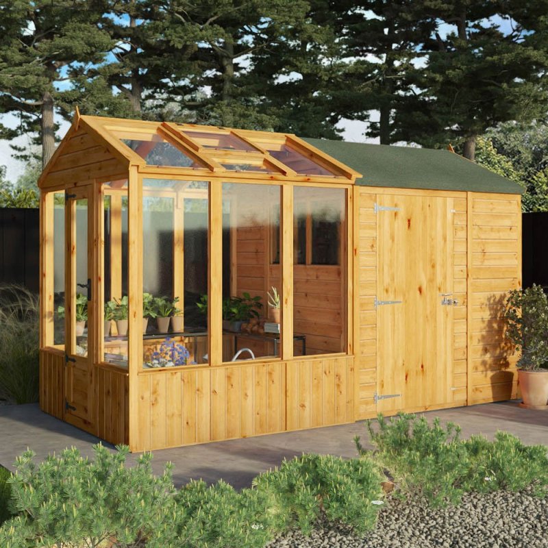 12 X 6 Mercia Woodsman Glass Combi Greenhouse With Shed - in situ