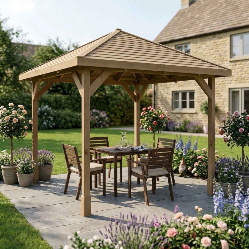 Traditional wooden 10x10 garden gazebo with outdoor dining set in landscaped garden