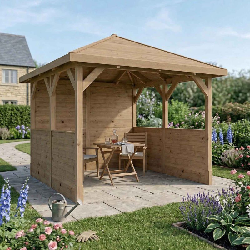 Traditional wooden 10x10 gazebo with side panels and outdoor seating in garden