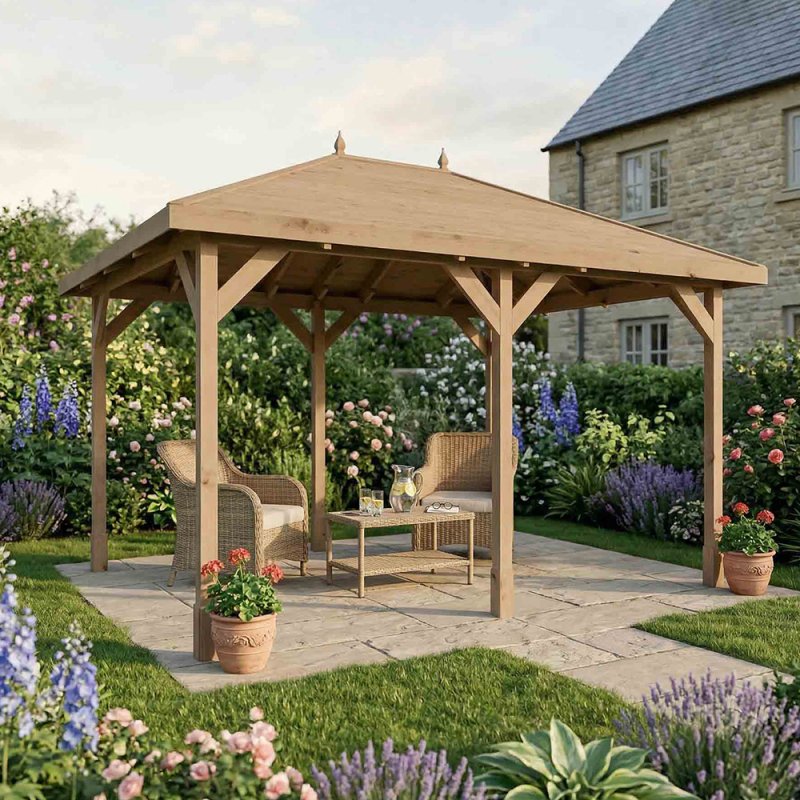 Traditional wooden 10x13 garden gazebo with seating area in landscaped garden