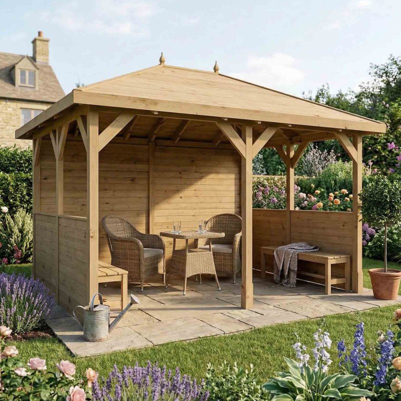 Traditional wooden 10x13 gazebo with side panels and outdoor seating in garden
