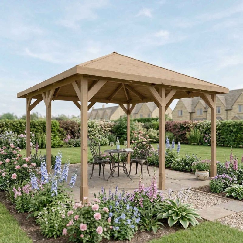 Traditional wooden 13x13 garden gazebo with seating area in landscaped outdoor space