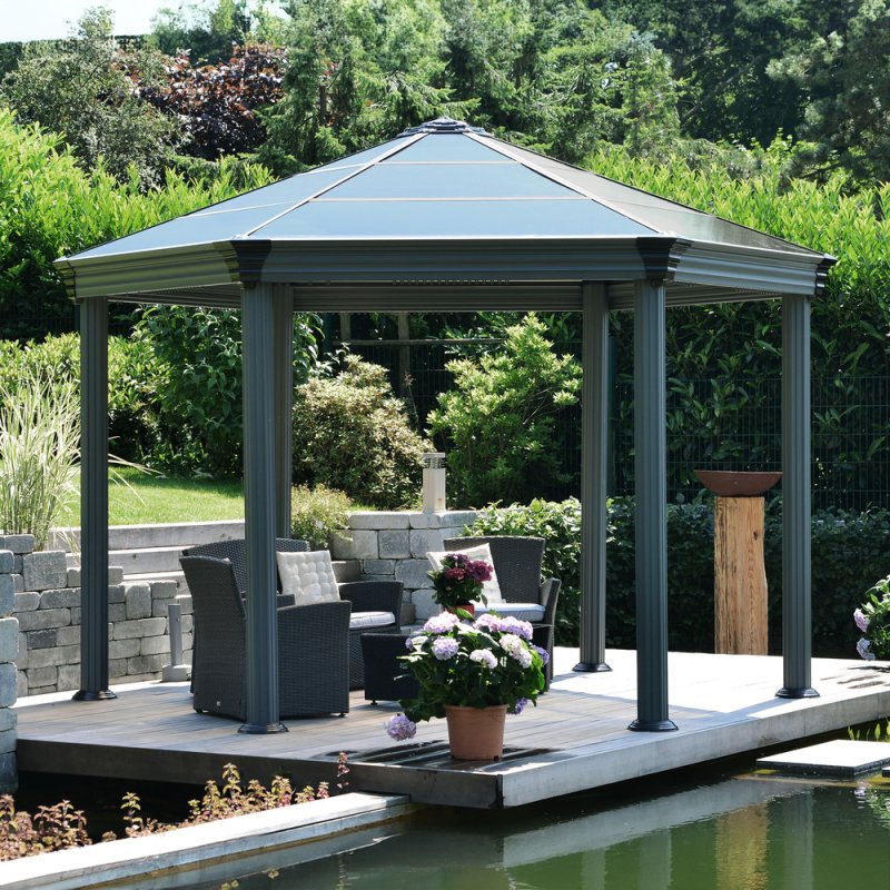 14 X 14 Palram Canopia Roma Grey Hexagonal Garden Gazebo - in situ