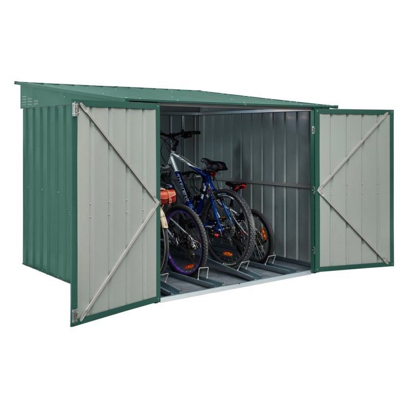 6 X 6 Globel Metal Bike Shed In Green - isolated angle view, doors open