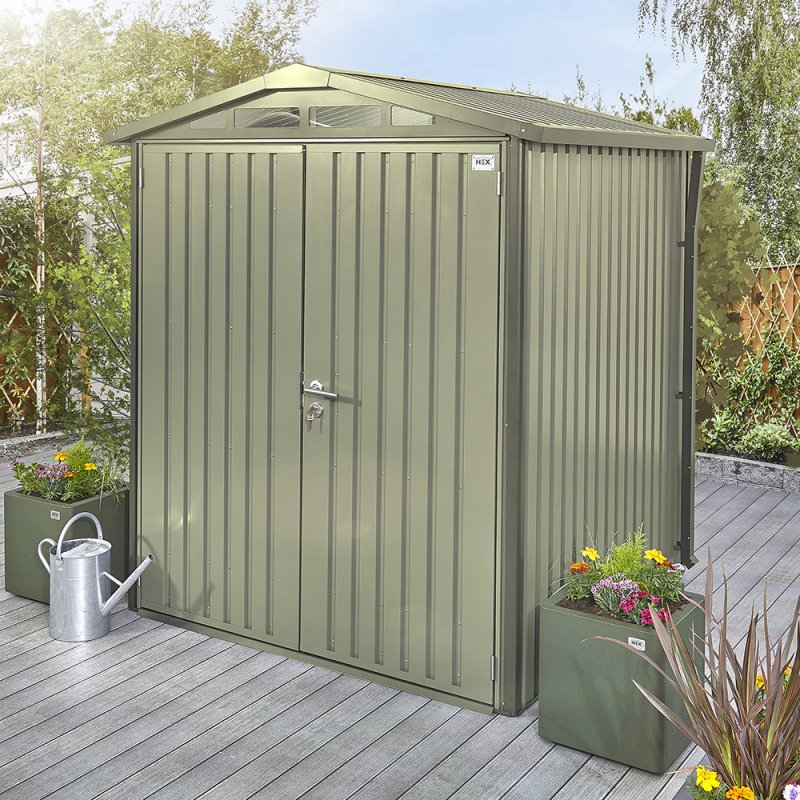 6x6 Hex Living Alton Apex Metal Shed in Sage Green - in situ, angle view