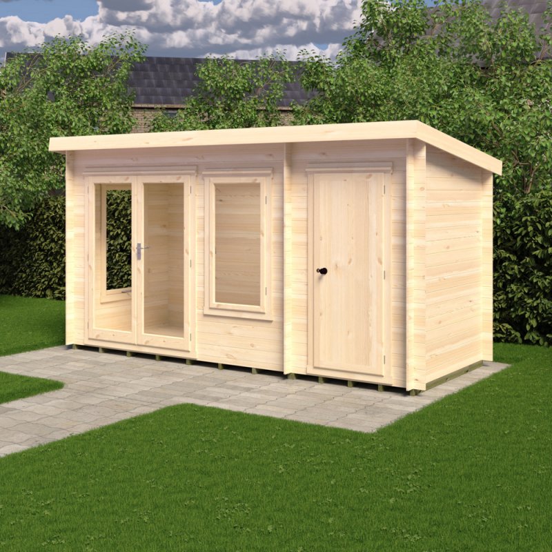 6Gx14 Shire Elm Log Cabin with Side Shed in 19mm Logs - in situ