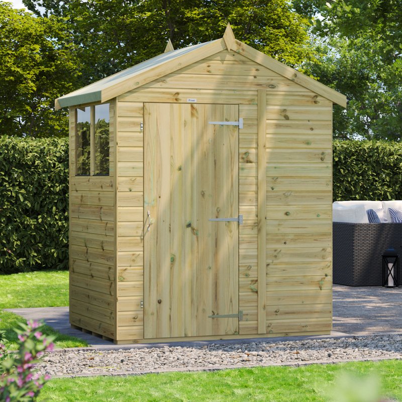 4x6 Powersheds Premium Tongue & Groove Apex Wooden Shed - Pressure Treated - in situ, angle view