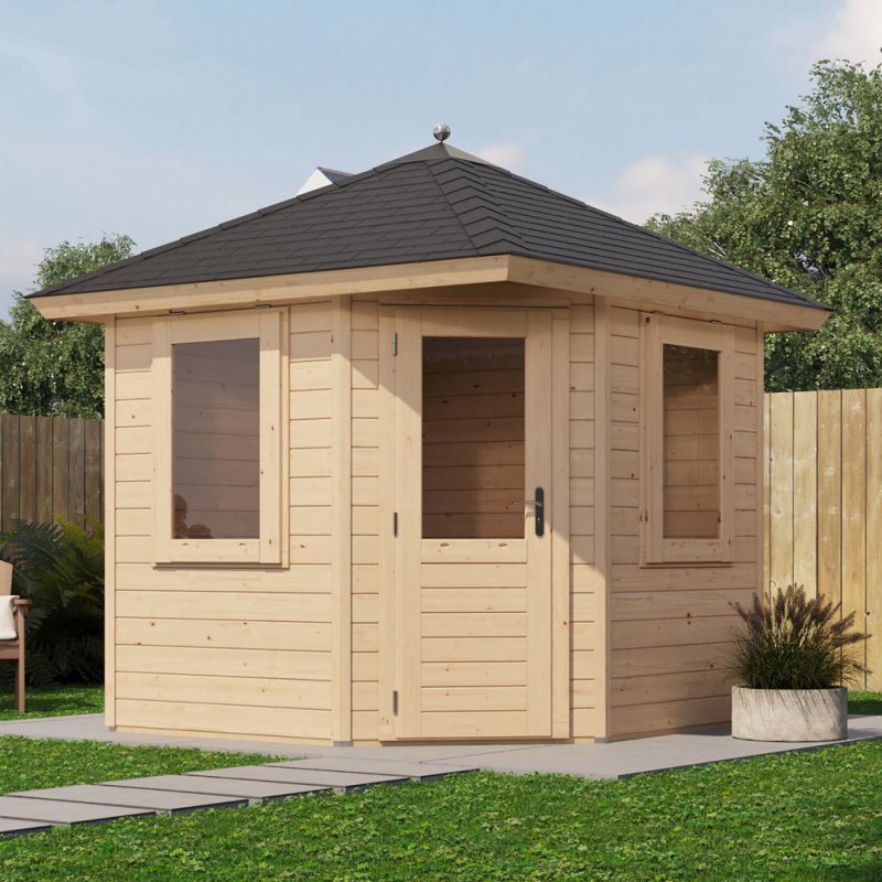 8 x 8 (2.4m x 2.4m) Lugarde Select Oban Summerhouse in 28mm Wall Thickness - in situ, angle view