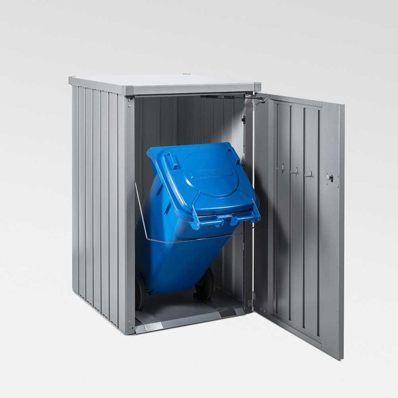 Biohort Alex Single Wheelie Bin Store - front view, doors open with bin inside.