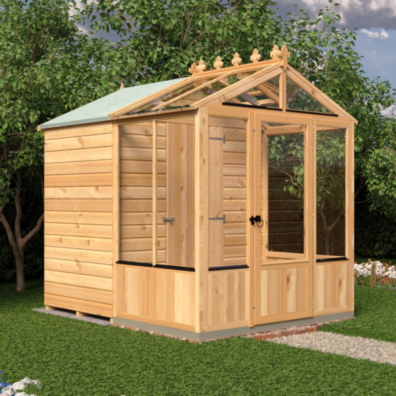 8x6 Shire Holkham Combi Greenhouse with Shed - in situ, angle view