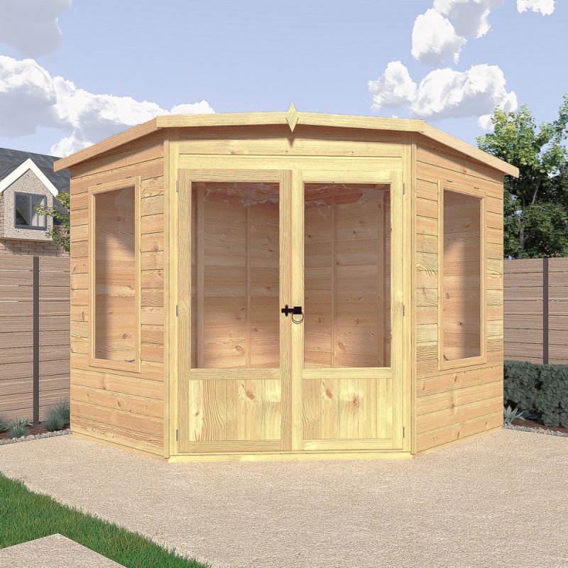 8x8 Shire Ramsey Corner Summerhouse - in situ, front view, doors closed
