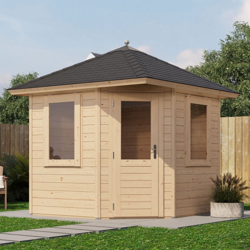8 x 8 Lugarde Select Padstow Summerhouse in 44mm Wall Thickness (2.4m x 2.4m) - in situ, angle view