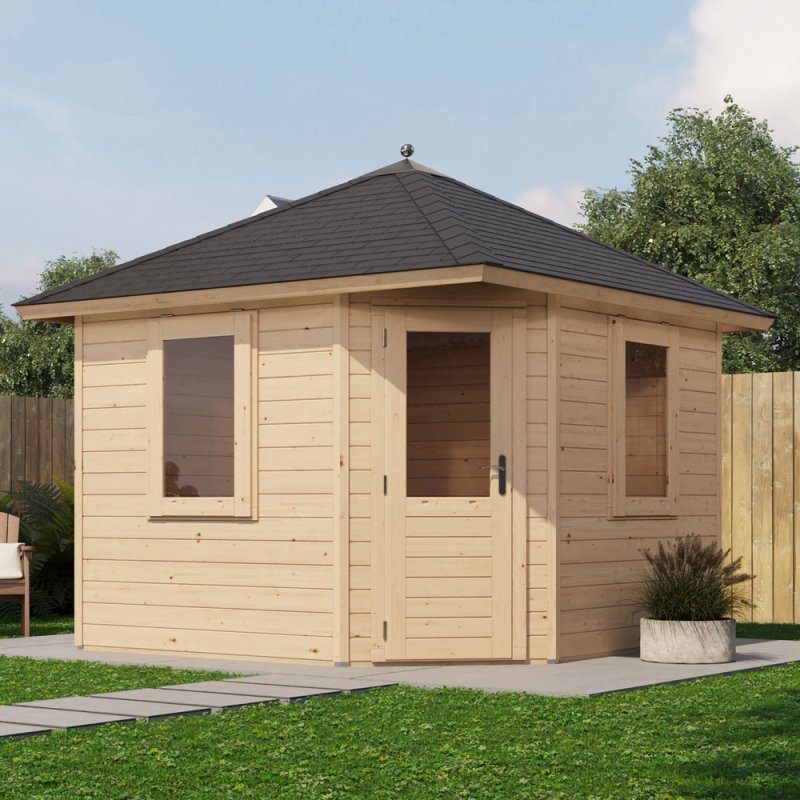 10x10 Lugarde Select Sidmouth Summerhouse in 44mm Wall Thickness (3m x 3m) - in situ, angle view